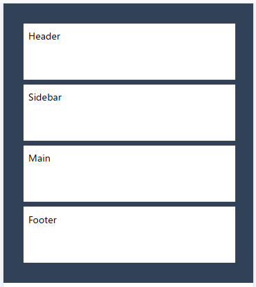 TailwindCSS で同じ HTML がモバイル幅では Header / Sidebar / Main / Footer の縦4段積みで表示されている例