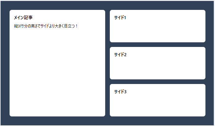 TailwindCSS で row-span-3 を使い、メイン記事が左1列縦3行を占有し、サイド3枚が右1列に縦並びの非対称レイアウト